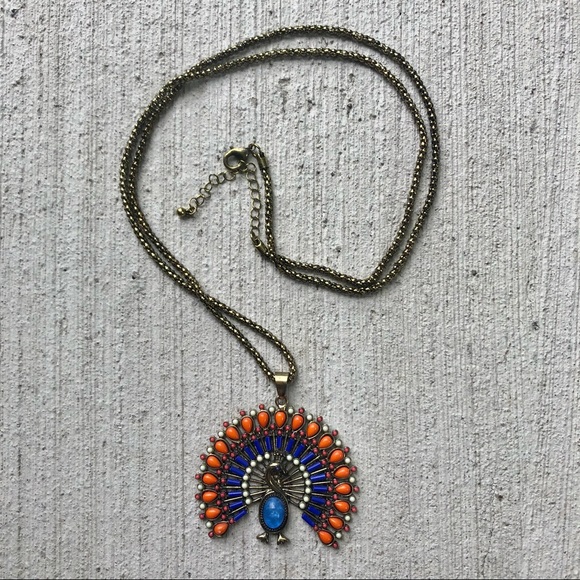 Peacock necklace Blues and Orange, gold metallic - Picture 2 of 8